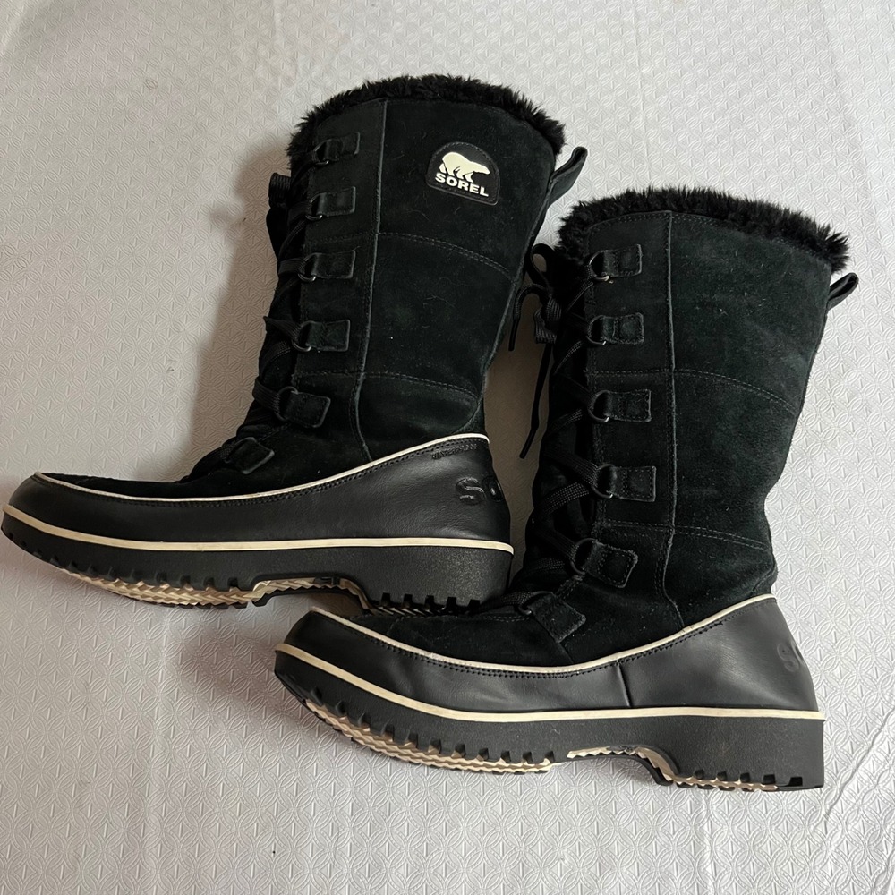 Sorel Tivoli High II Black Suede Faux Fur Winter Boots Womens 10 NL2093-010